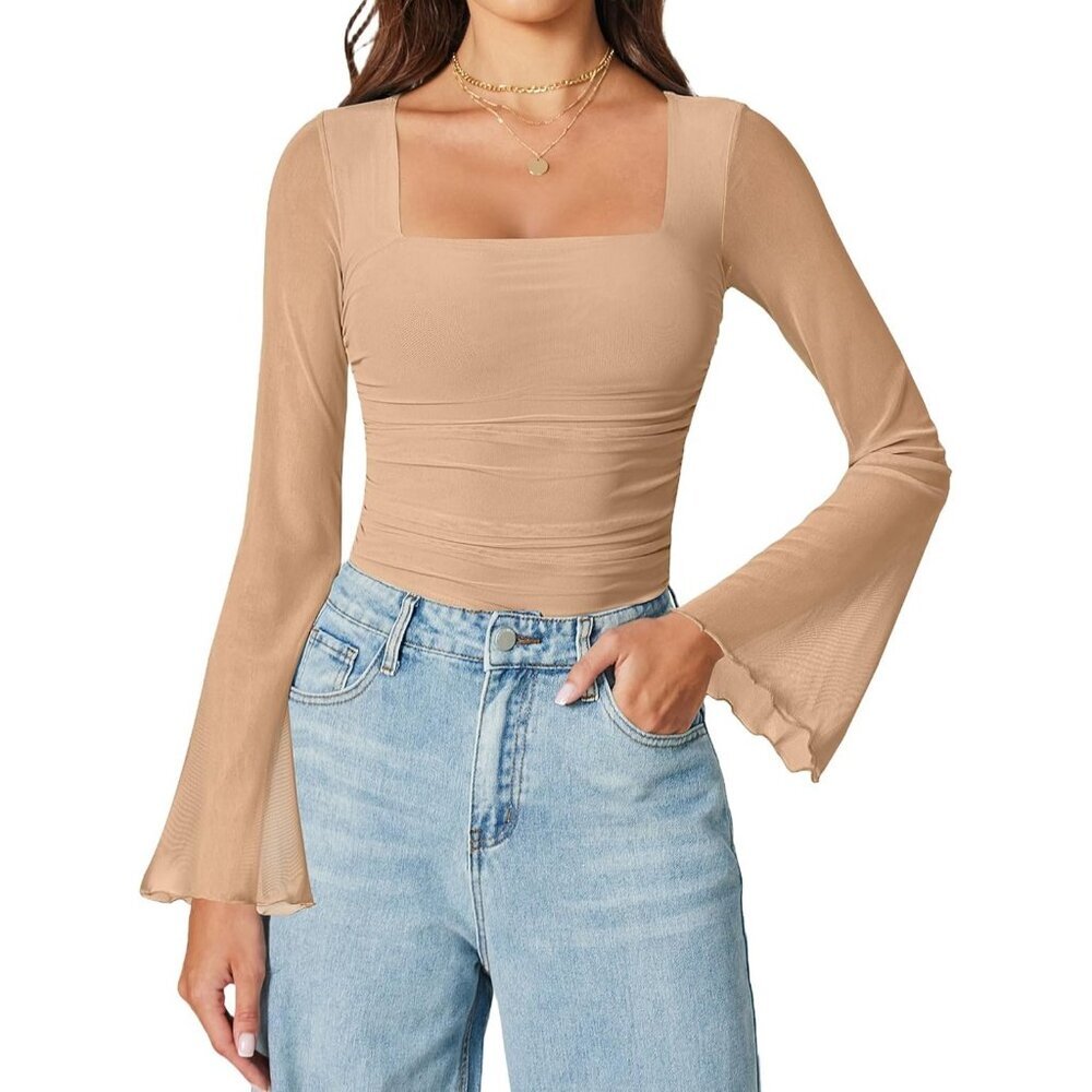 Women's Light Khaki Bodysuit Long Bell Sleeve Thong Square Neck Suitable Tops